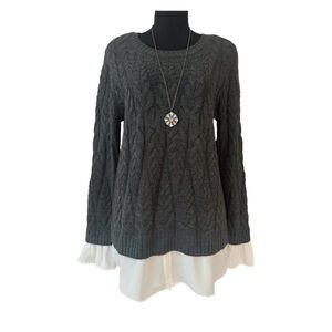 #2 ELLE ~ Charcoal Gray Cable Knit Sweater w/Ruffled Wrist and Hem Detail size M